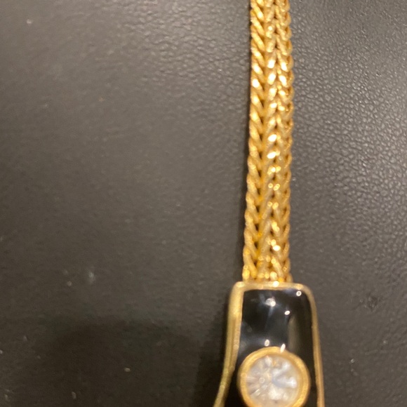 Elegant Modernist Glossy Black Enamel and Gold ToneNecklace with Large Crystals - Picture 6 of 12
